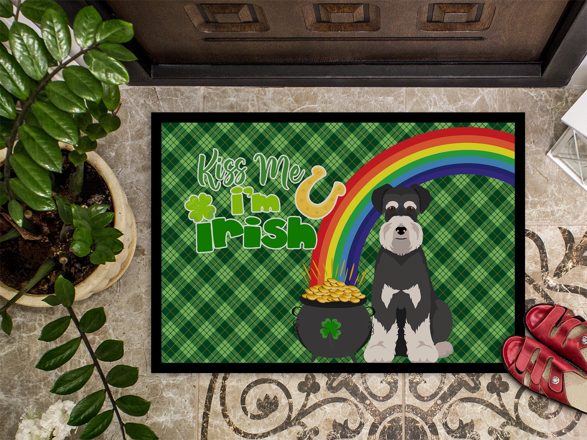 Black and Silver Natural Ears Schnauzer St. Patrick's Day Indoor or Outdoor Mat 24x36 - the-store.com