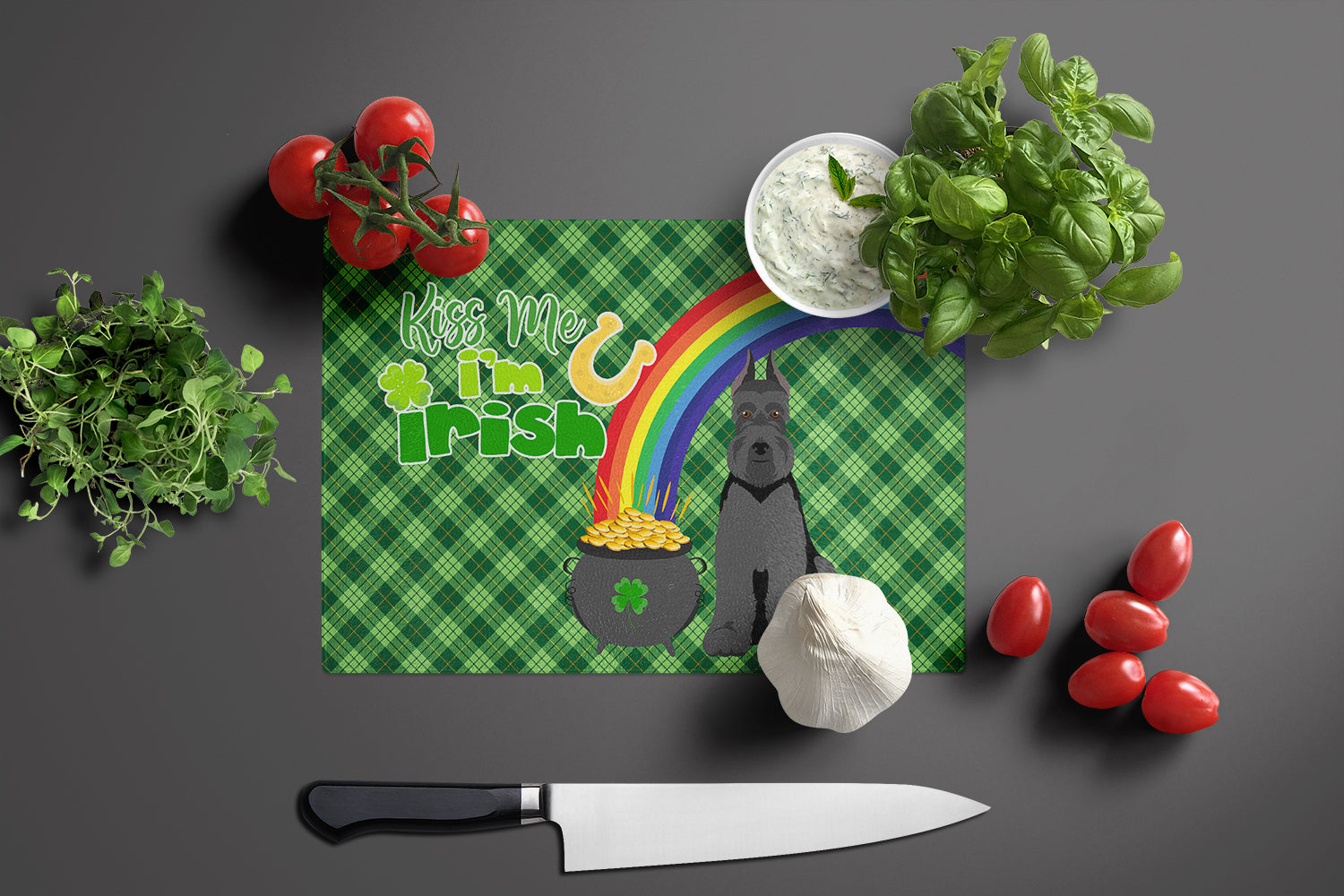 Black Schnauzer St. Patrick's Day Glass Cutting Board Large - the-store.com