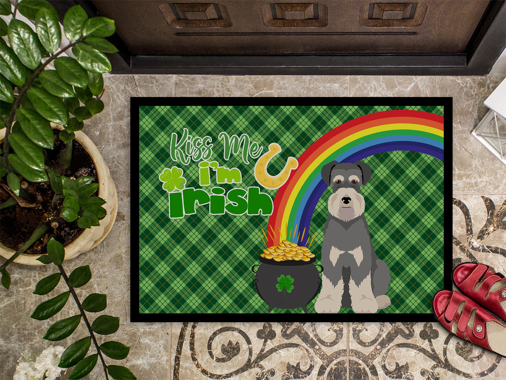 Salt Pepper Natural Ears Schnauzer St. Patrick's Day Indoor or Outdoor Mat 24x36 - the-store.com