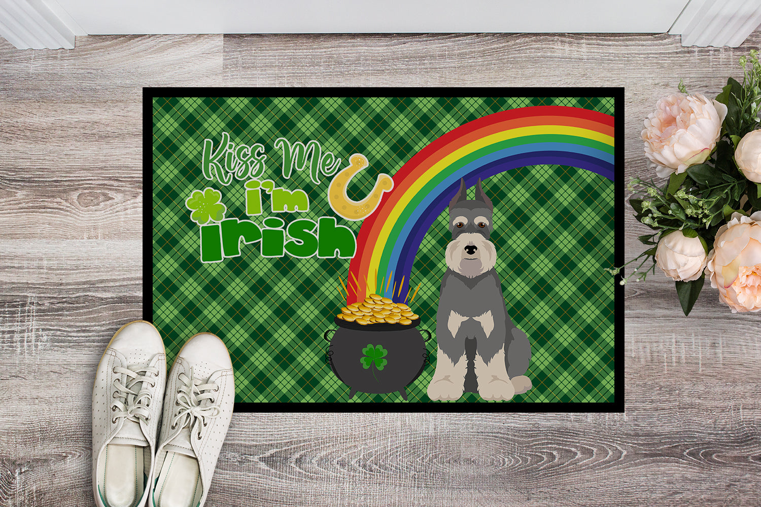 Salt Pepper Schnauzer St. Patrick's Day Indoor or Outdoor Mat 24x36 - the-store.com