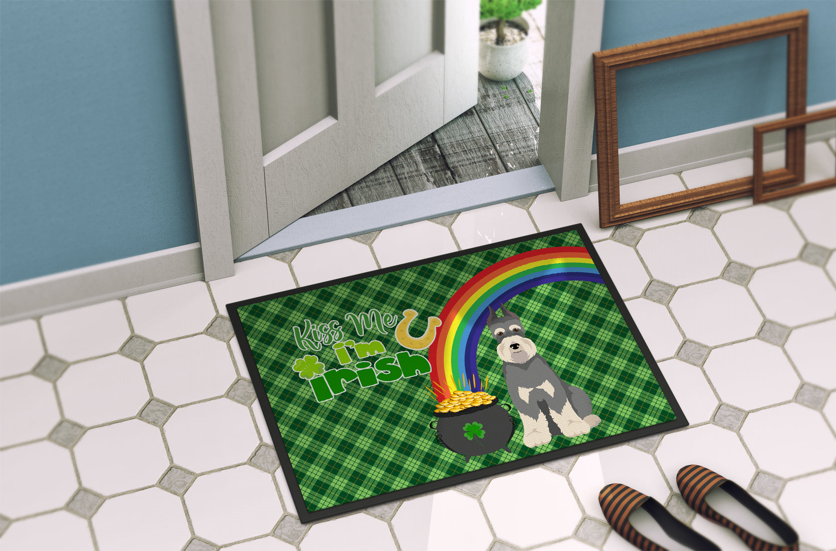 Salt Pepper Schnauzer St. Patrick's Day Indoor or Outdoor Mat 24x36 - the-store.com