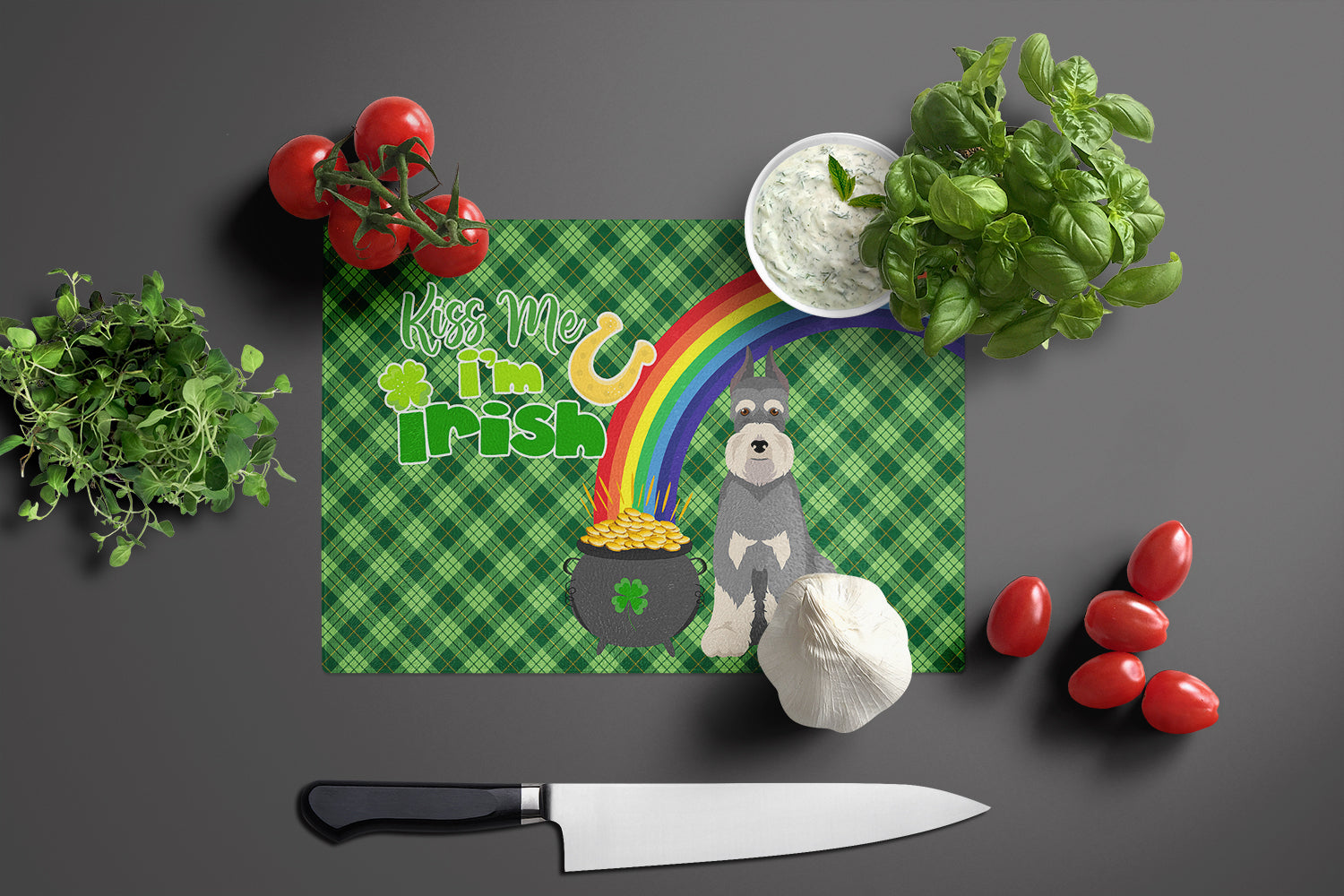 Salt Pepper Schnauzer St. Patrick's Day Glass Cutting Board Large - the-store.com