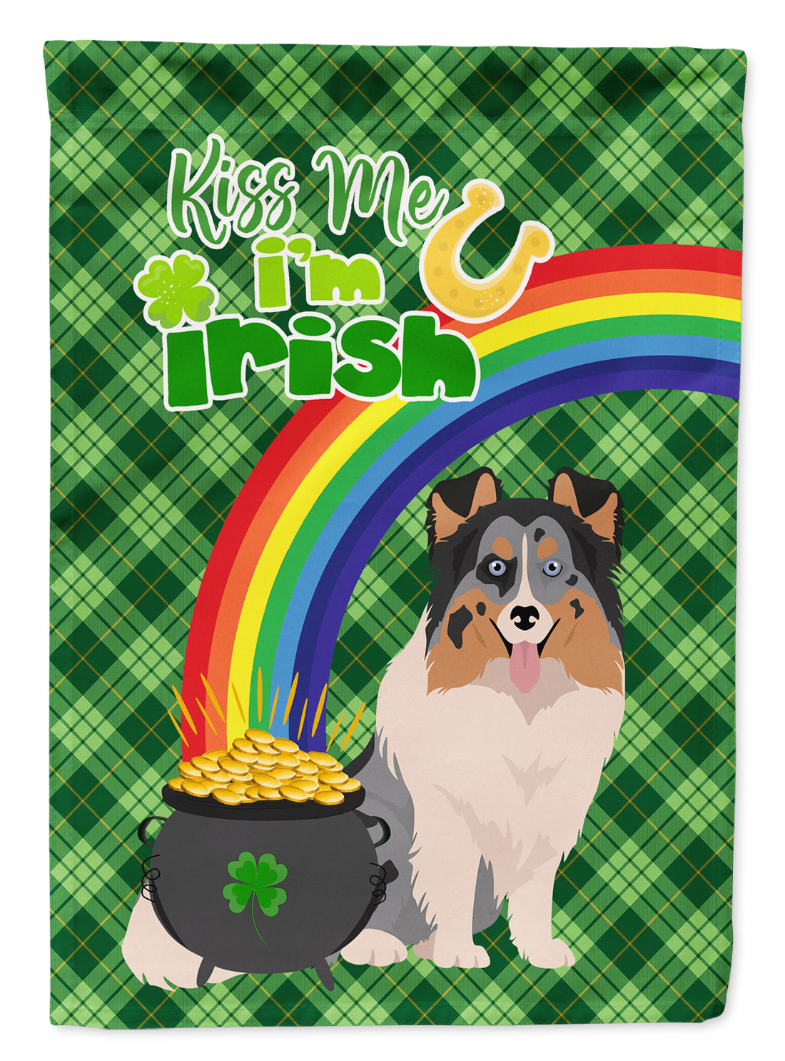 Blue Merle Sheltie St. Patrick&#39;s Day Flag Garden Size  the-store.com.