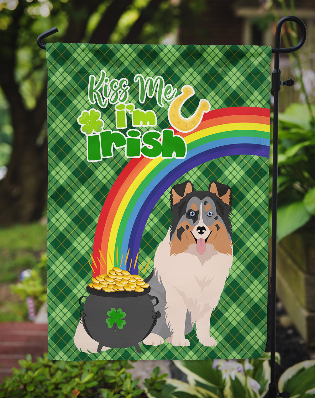 Blue Merle Sheltie St. Patrick's Day Flag Garden Size  the-store.com.