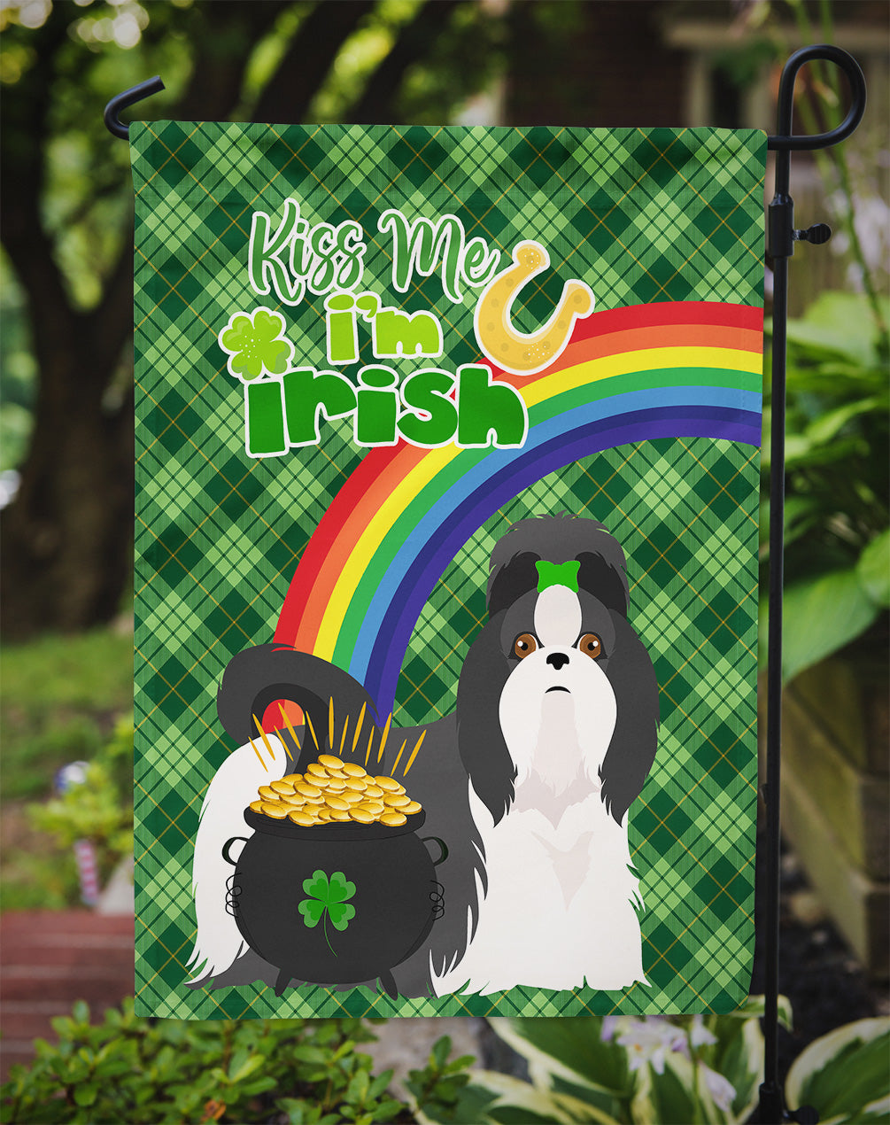 Black and White Shih Tzu St. Patrick's Day Flag Garden Size  the-store.com.