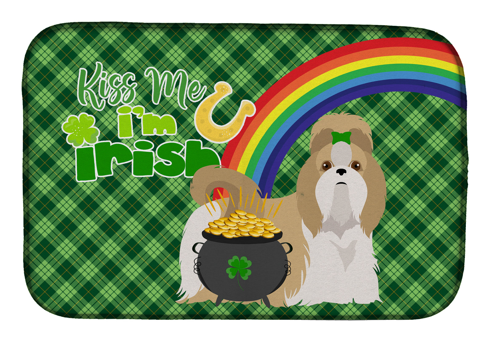 Gold and White Shih Tzu St. Patrick's Day Dish Drying Mat  the-store.com.