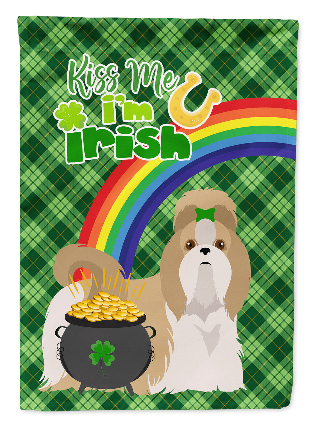 Gold and White Shih Tzu St. Patrick's Day Flag Garden Size  the-store.com.