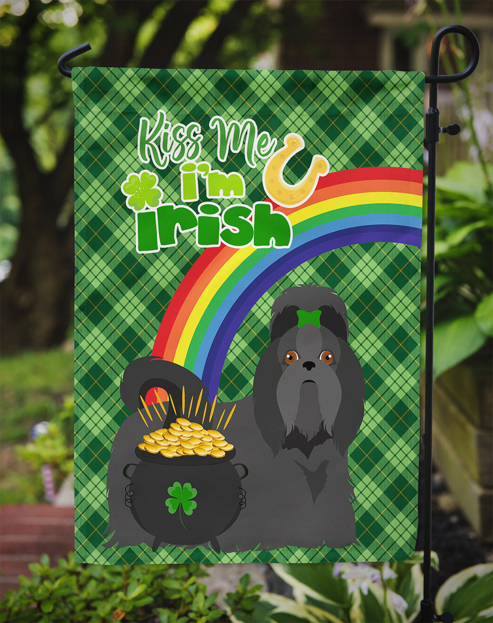 Black Shih Tzu St. Patrick's Day Flag Garden Size  the-store.com.