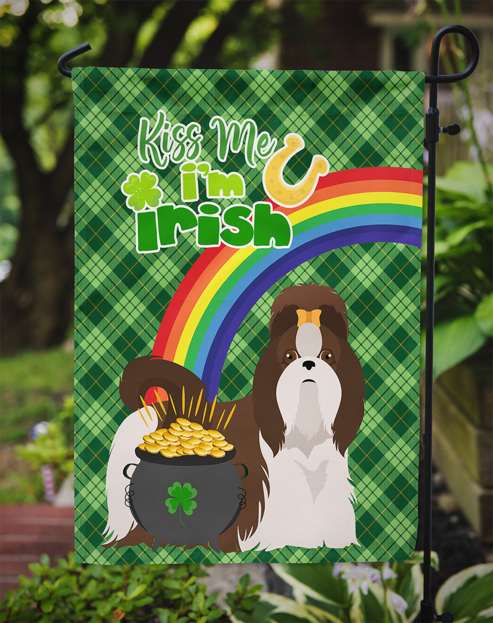 Liver and White Shih Tzu St. Patrick's Day Flag Garden Size  the-store.com.