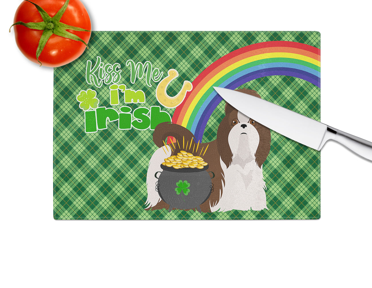 Liver and White Shih Tzu St. Patrick's Day Glass Cutting Board Large - the-store.com