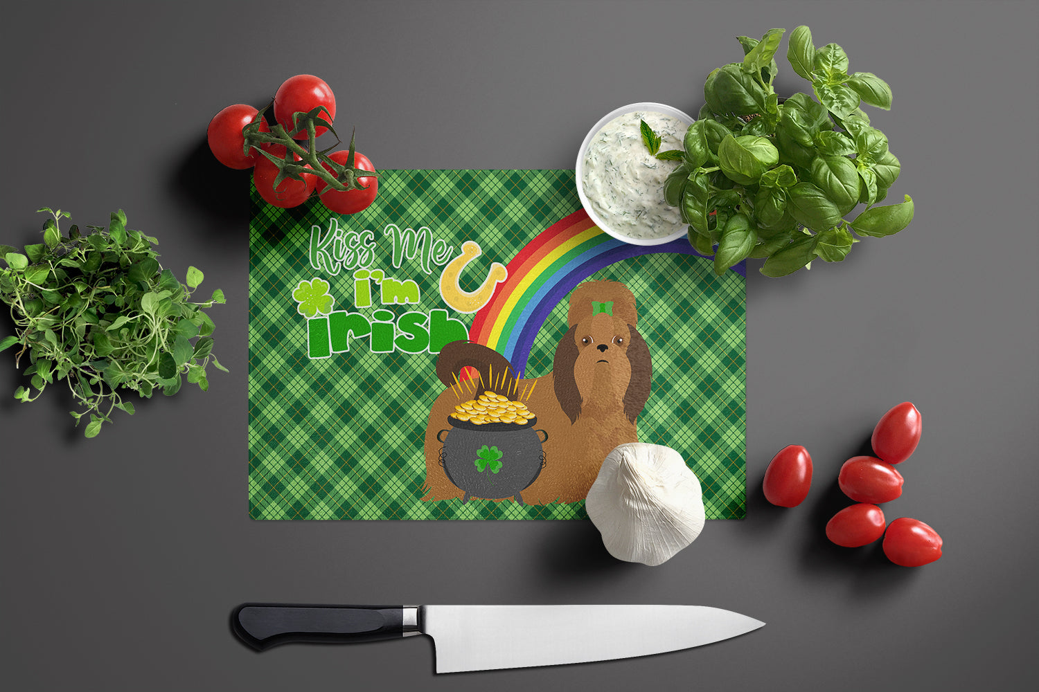 Red Shih Tzu St. Patrick's Day Glass Cutting Board Large - the-store.com