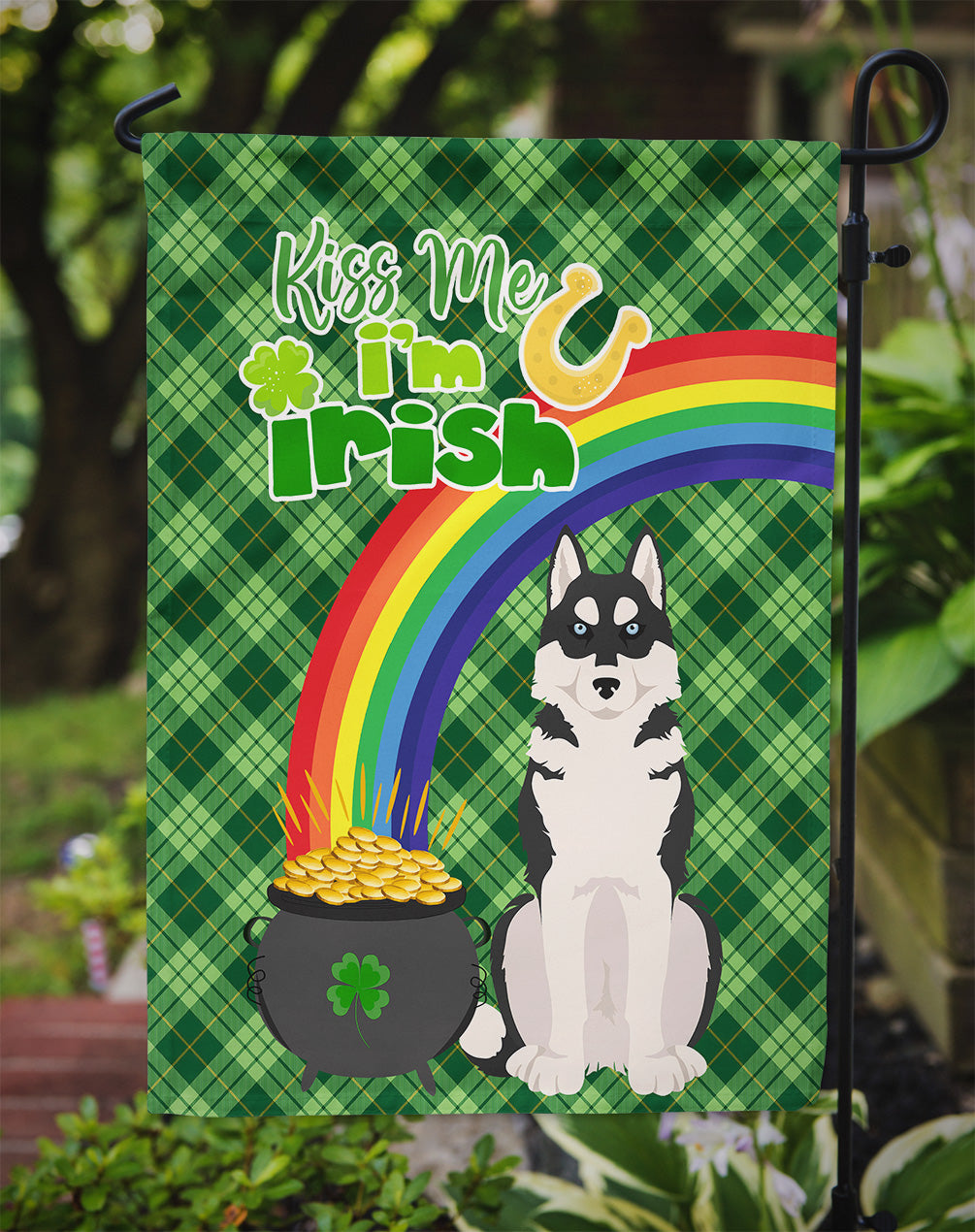 Black Siberian Husky St. Patrick's Day Flag Garden Size  the-store.com.