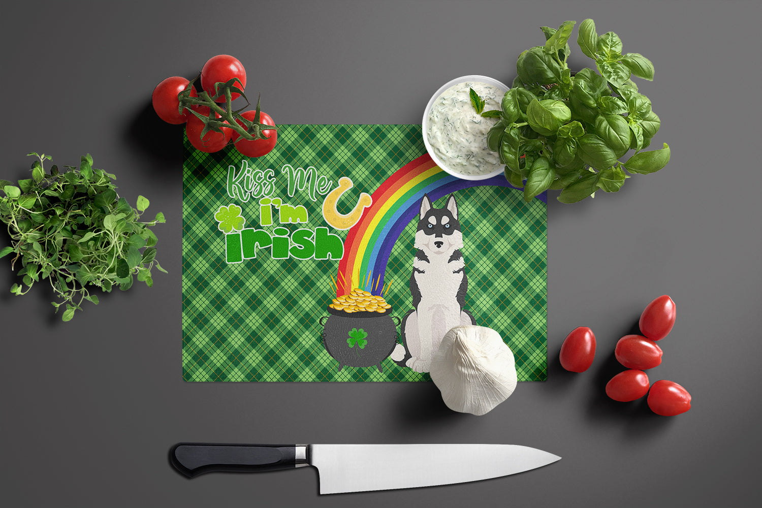 Black Siberian Husky St. Patrick's Day Glass Cutting Board Large - the-store.com