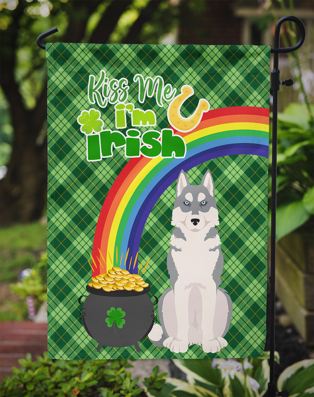 Grey Siberian Husky St. Patrick's Day Flag Garden Size  the-store.com.