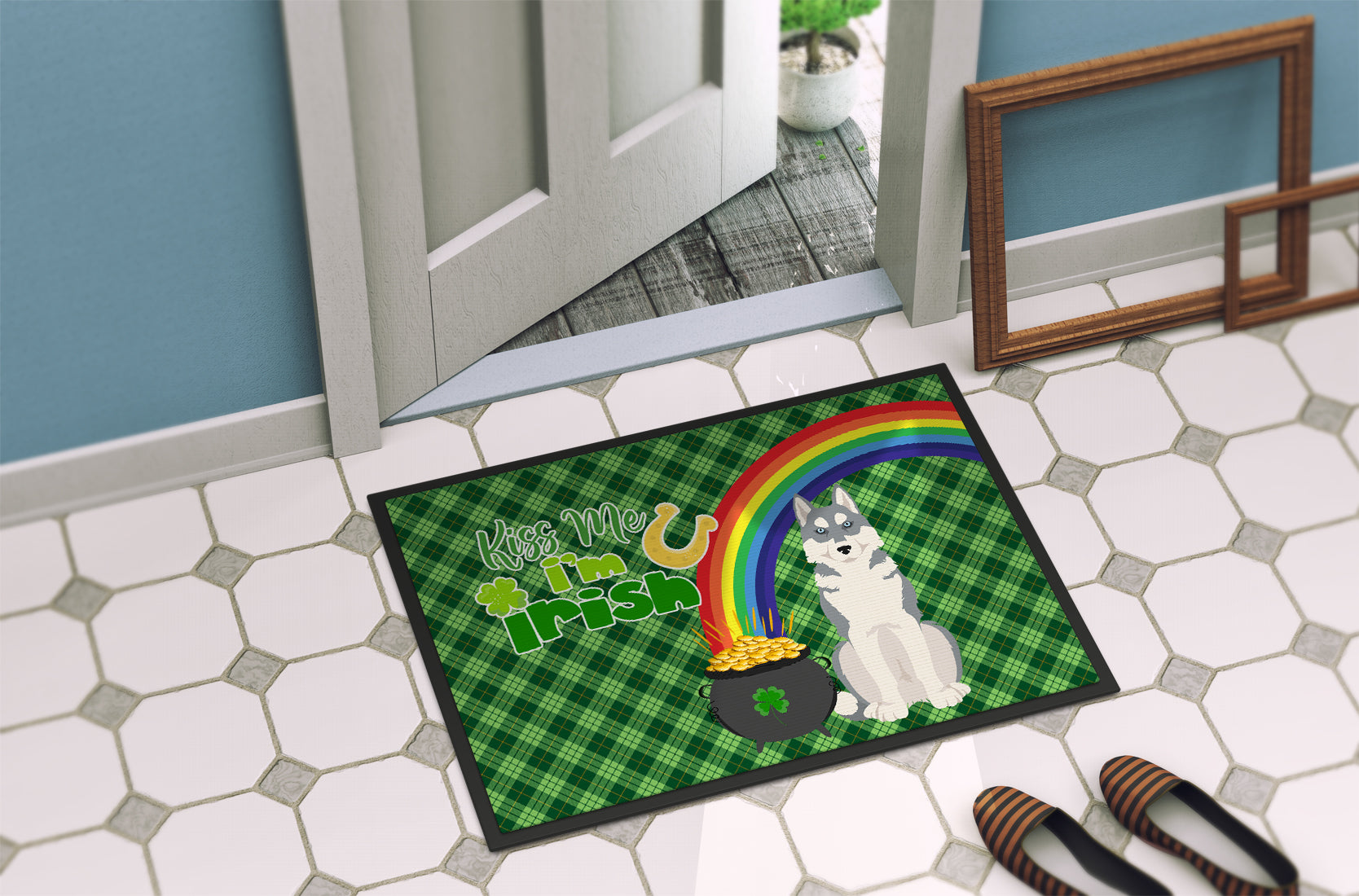 Grey Siberian Husky St. Patrick's Day Indoor or Outdoor Mat 24x36 - the-store.com