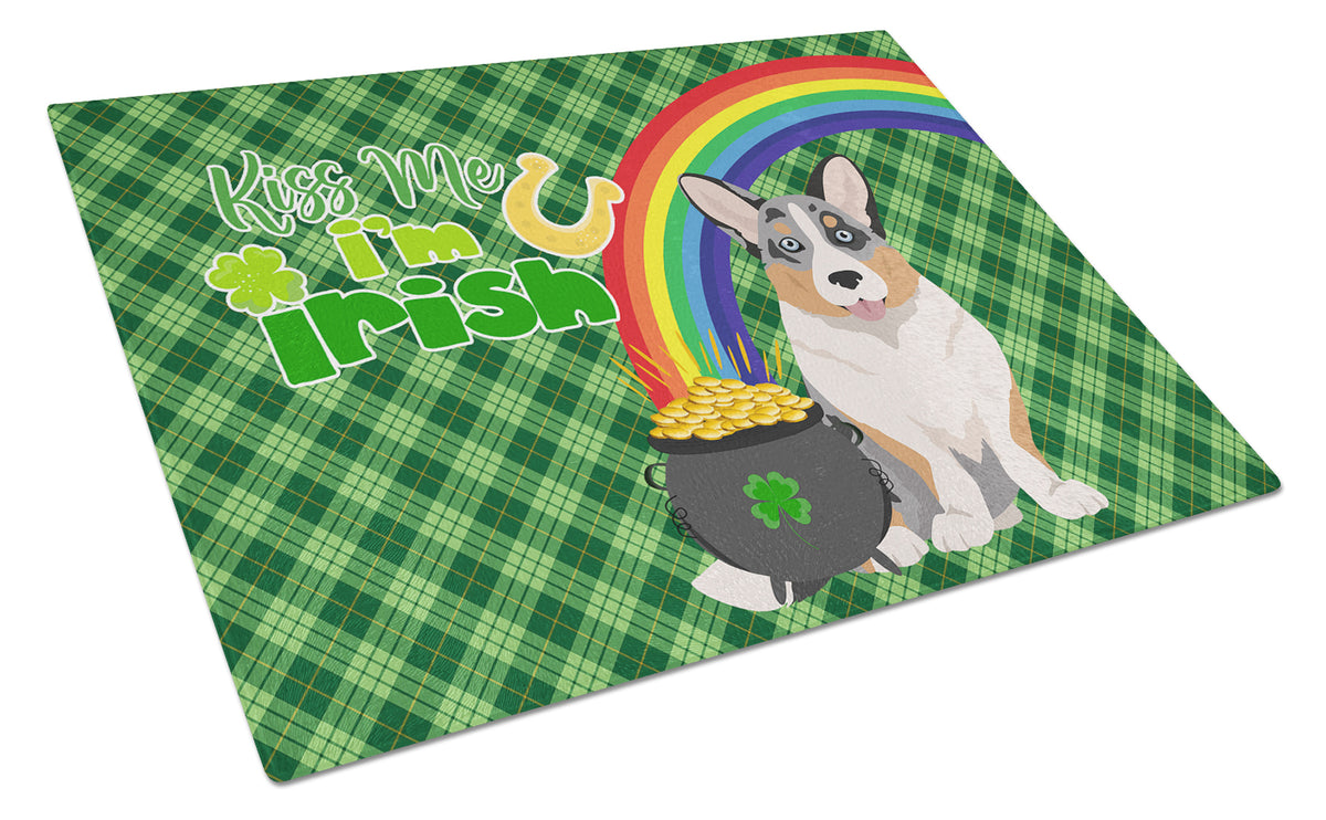 Buy this Blue Merle Cardigan Corgi St. Patrick&#39;s Day Glass Cutting Board Large