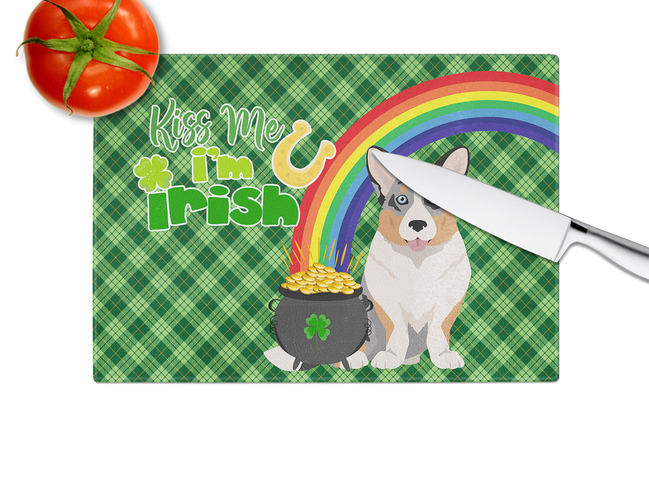 Blue Merle Cardigan Corgi St. Patrick's Day Glass Cutting Board Large - the-store.com