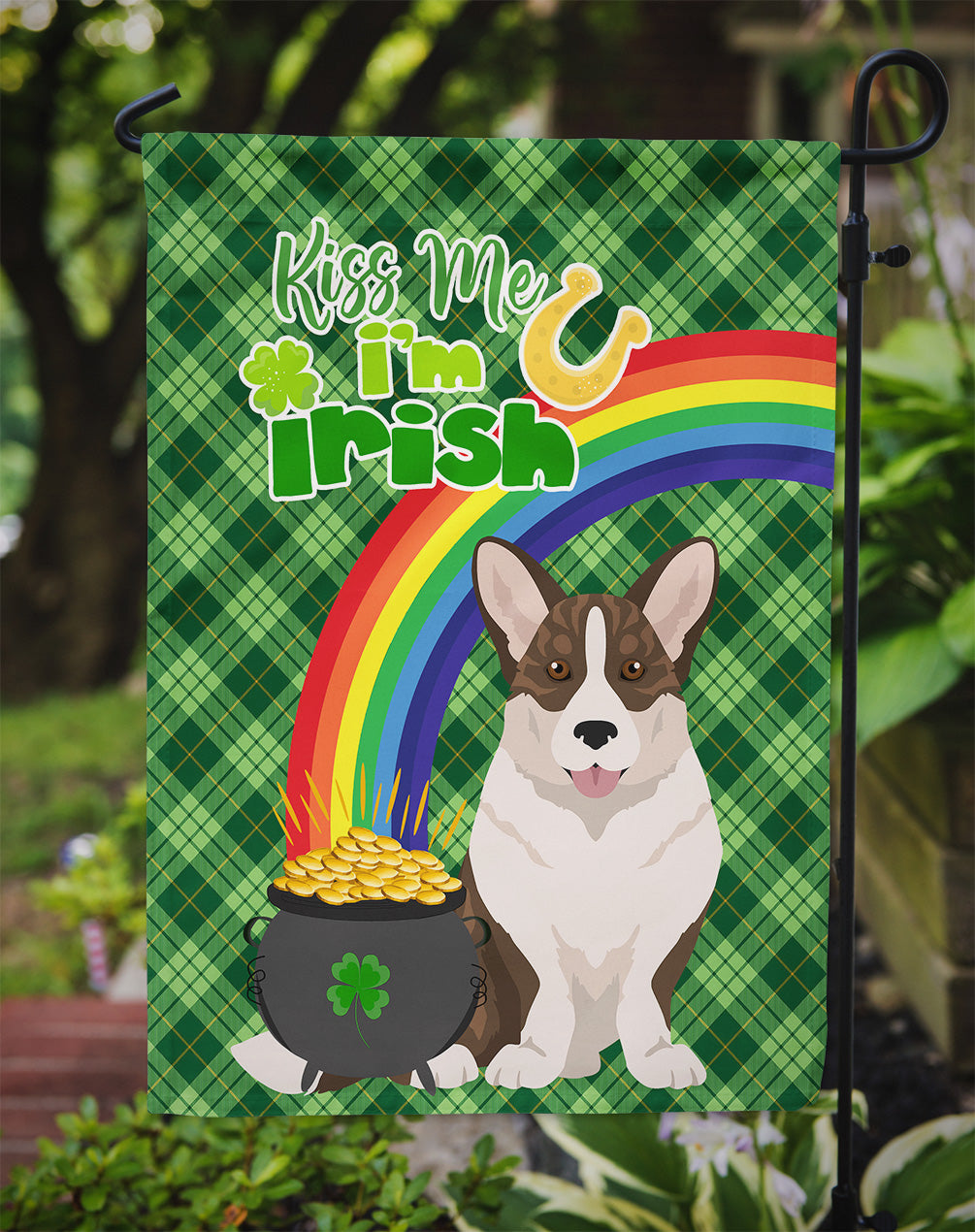 Brindle Cardigan Corgi St. Patrick's Day Flag Garden Size  the-store.com.