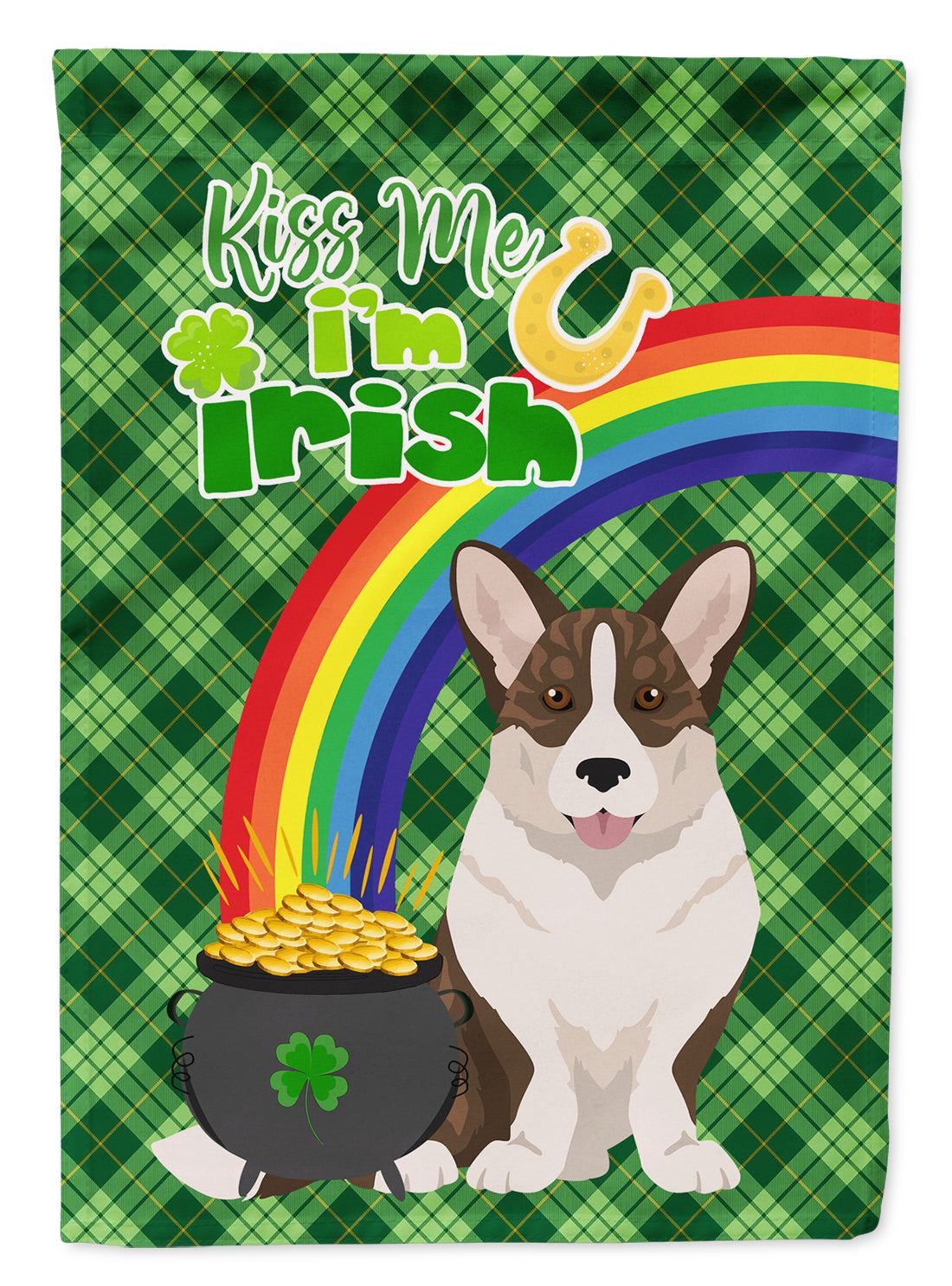 Brindle Cardigan Corgi St. Patrick's Day Flag Garden Size  the-store.com.