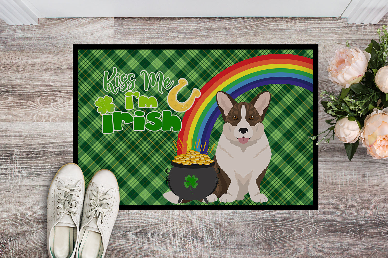 Buy this Brindle Cardigan Corgi St. Patrick's Day Indoor or Outdoor Mat 24x36