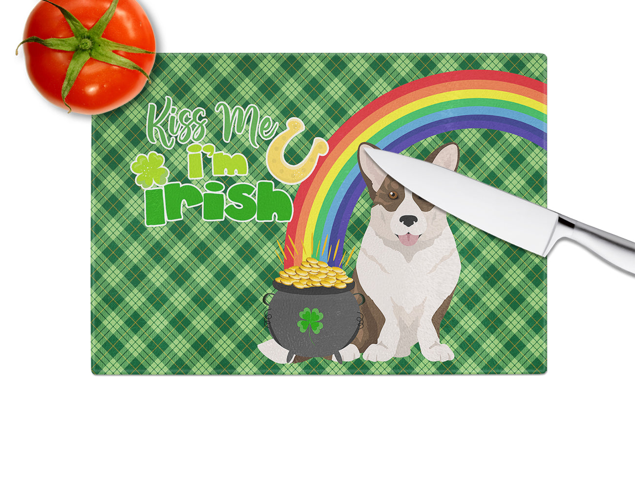 Brindle Cardigan Corgi St. Patrick's Day Glass Cutting Board Large - the-store.com