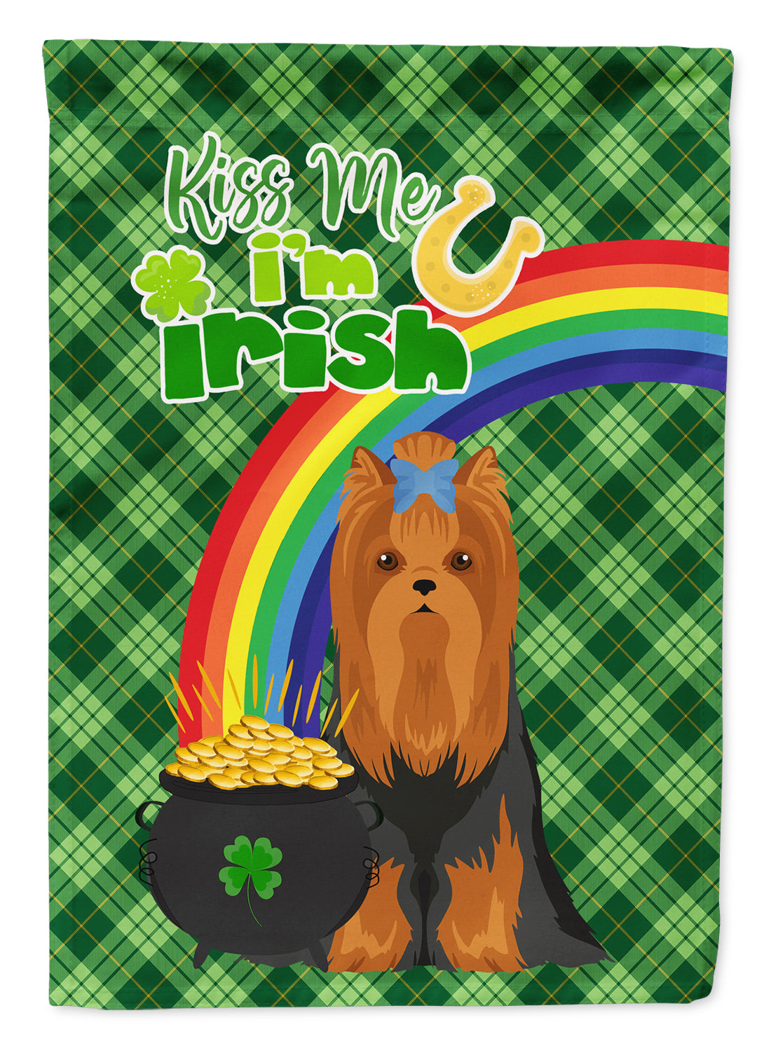 Black and Tan Full Coat Yorkshire Terrier St. Patrick's Day Flag Garden Size  the-store.com.