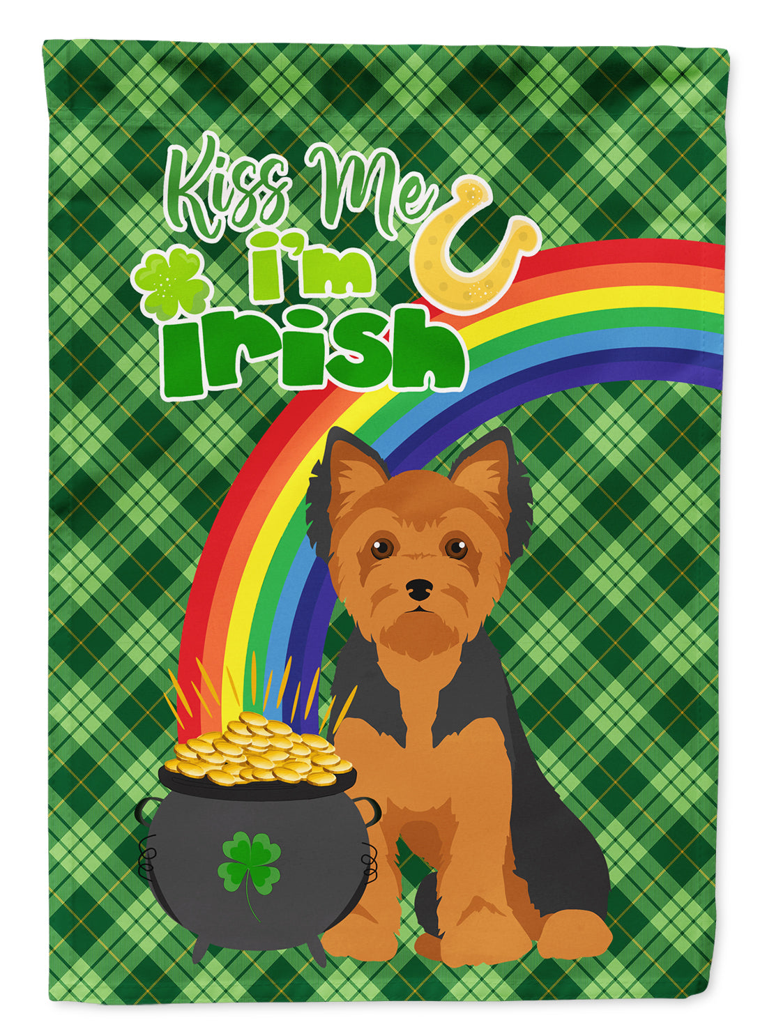 Black and Tan Puppy Cut Yorkshire Terrier St. Patrick&#39;s Day Flag Garden Size  the-store.com.