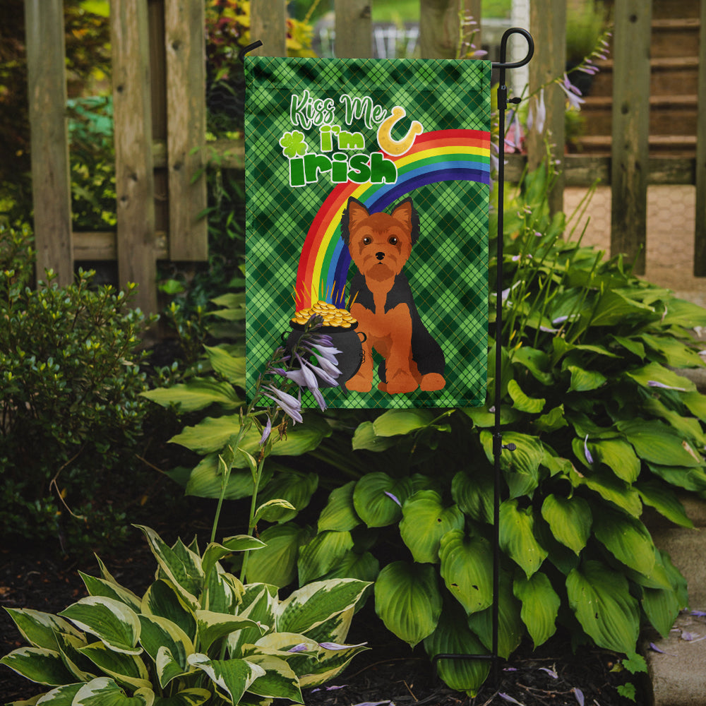 Black and Tan Puppy Cut Yorkshire Terrier St. Patrick's Day Flag Garden Size  the-store.com.