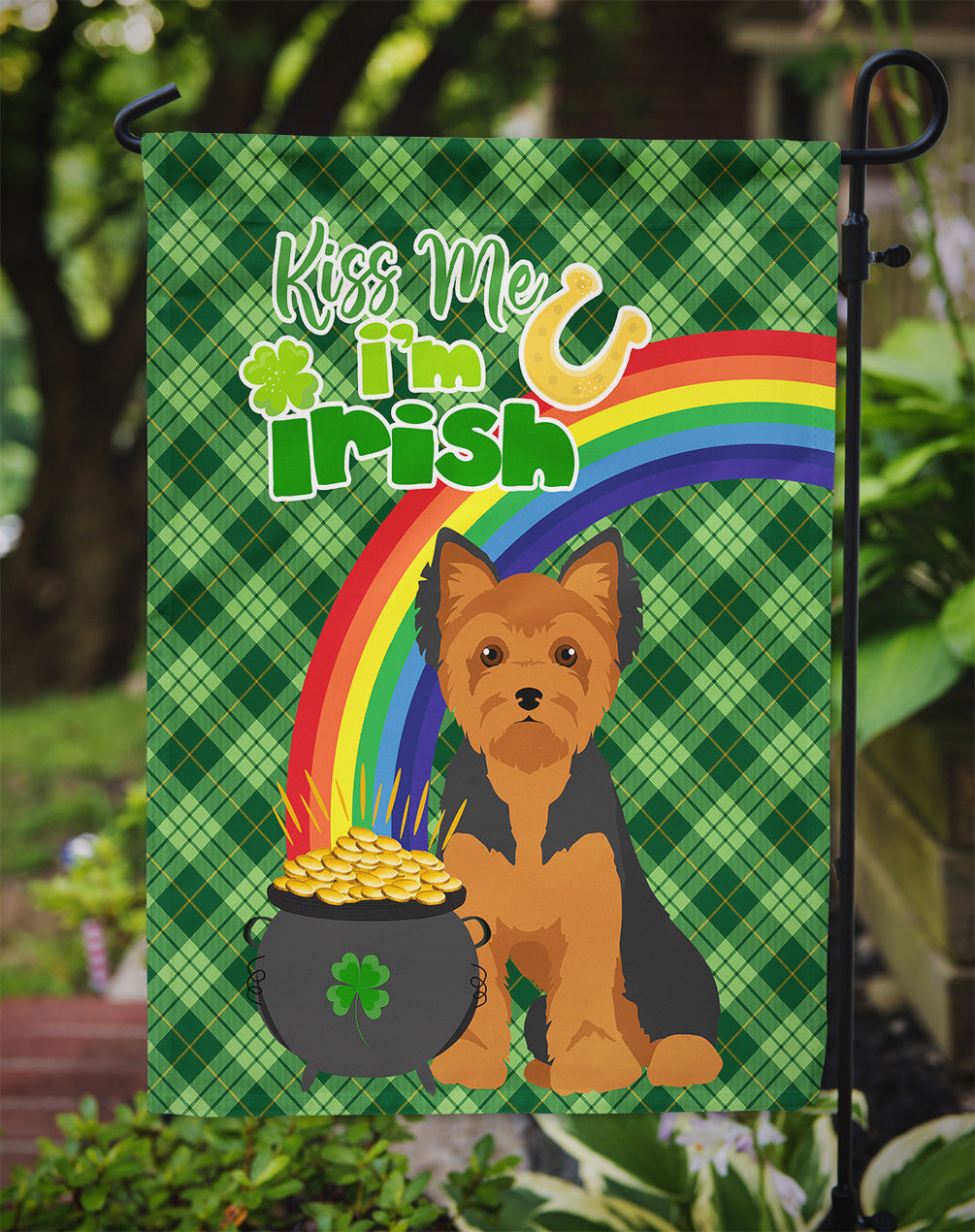 Black and Tan Puppy Cut Yorkshire Terrier St. Patrick's Day Flag Garden Size  the-store.com.