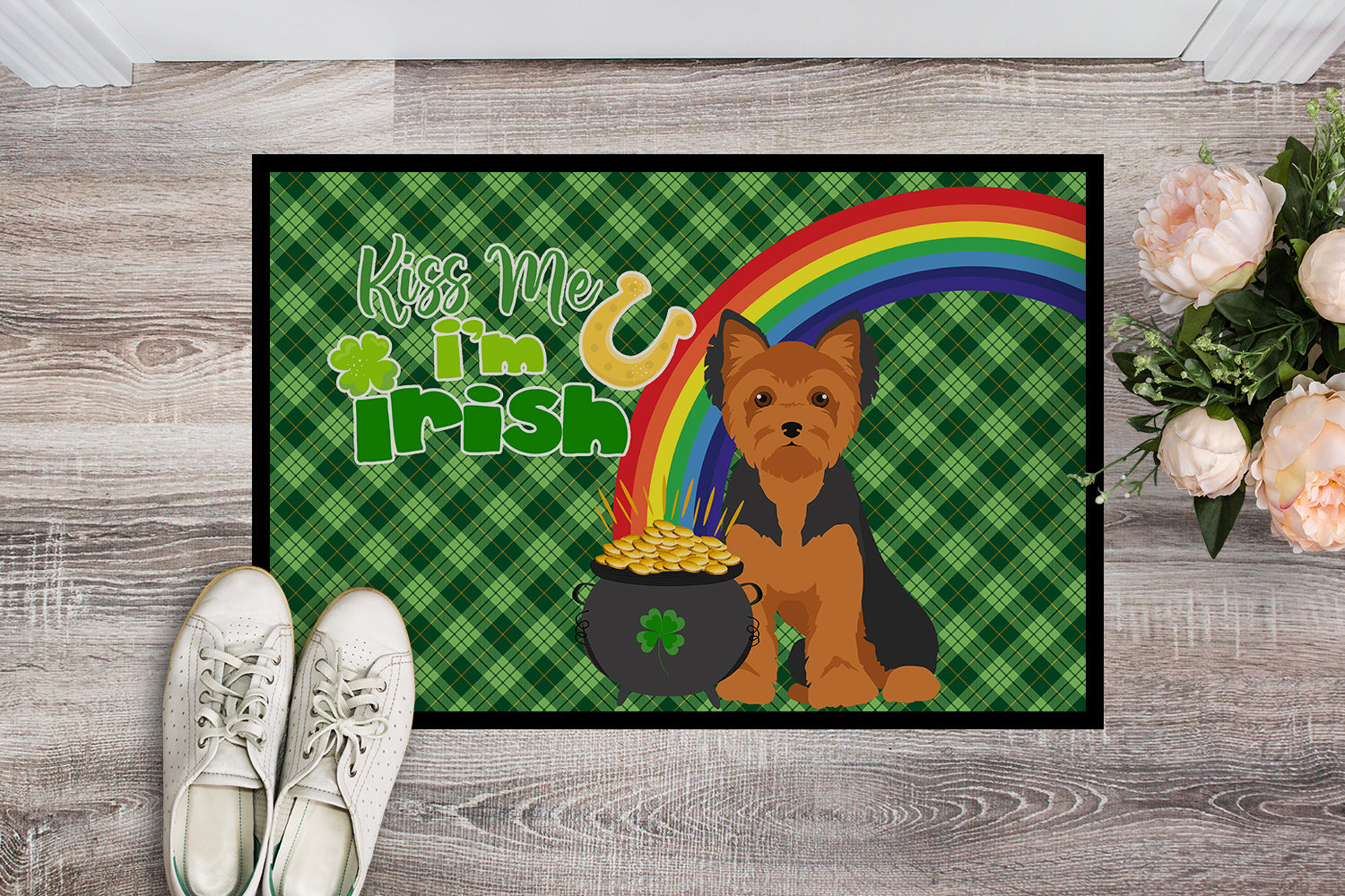 Buy this Black and Tan Puppy Cut Yorkshire Terrier St. Patrick's Day Indoor or Outdoor Mat 24x36