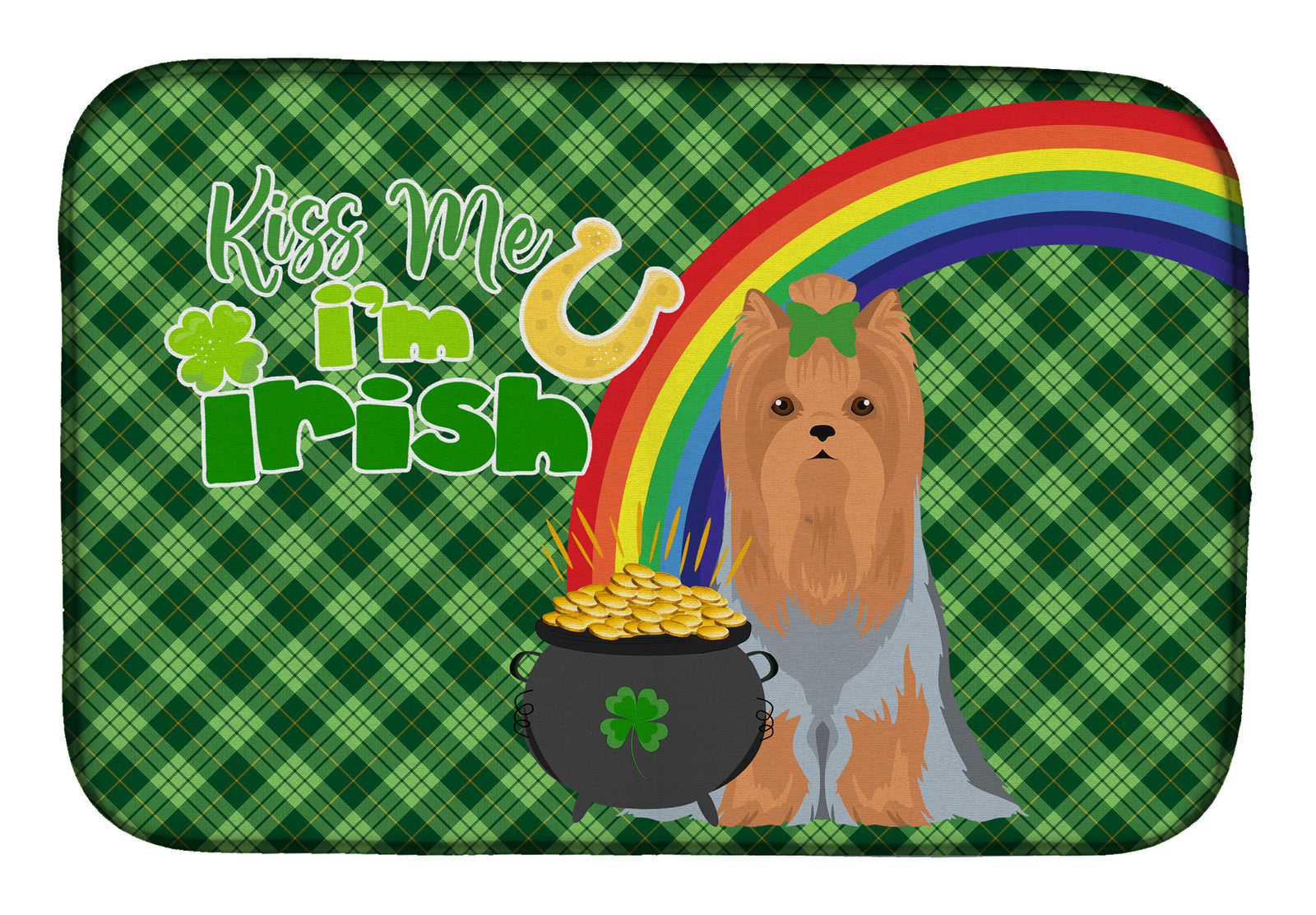 Blue and Tan Full Coat Yorkshire Terrier St. Patrick's Day Dish Drying Mat  the-store.com.