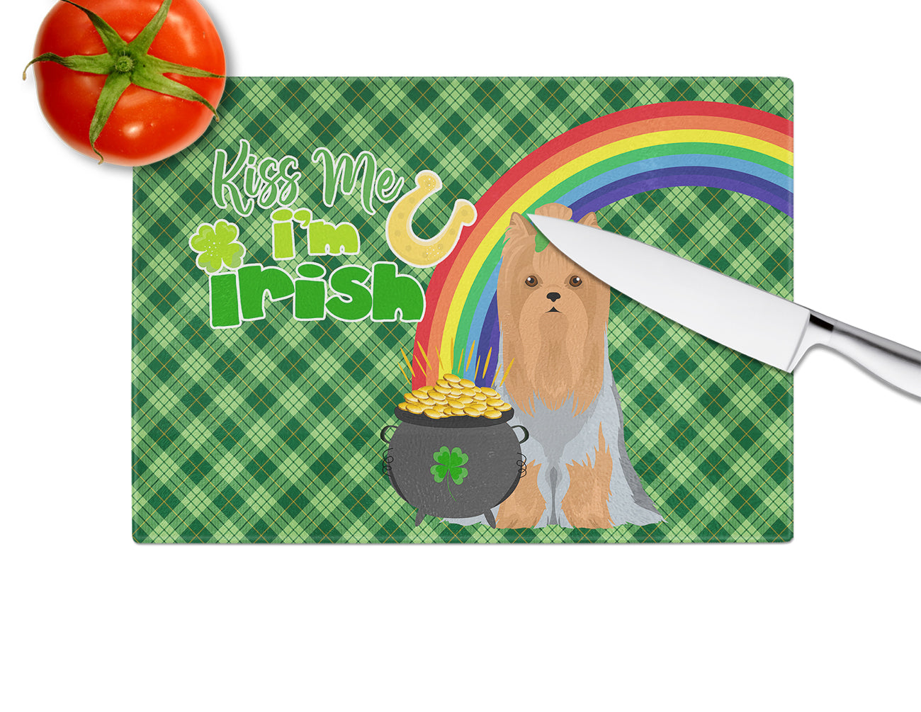 Blue and Tan Full Coat Yorkshire Terrier St. Patrick's Day Glass Cutting Board Large - the-store.com