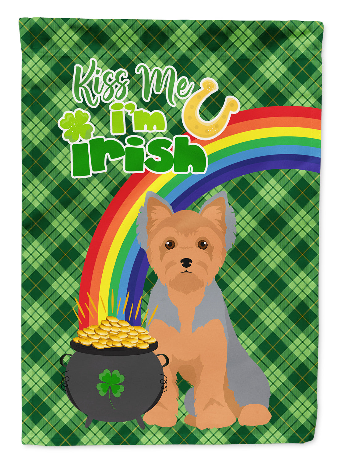 Blue and Tan Puppy Cut Yorkshire Terrier St. Patrick's Day Flag Garden Size  the-store.com.