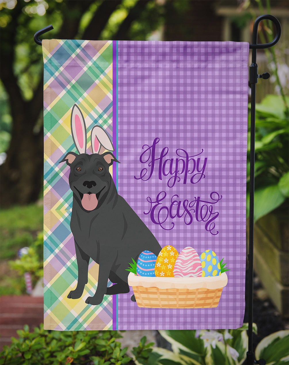 Black Pit Bull Terrier Easter Flag Garden Size  the-store.com.