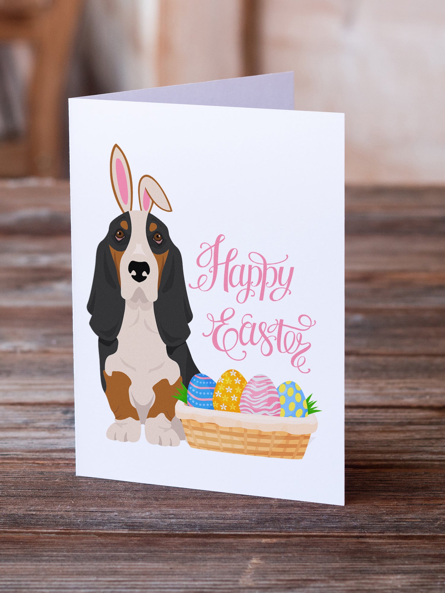 Black Tricolor Basset Hound Easter Greeting Cards and Envelopes Pack of 8 - the-store.com