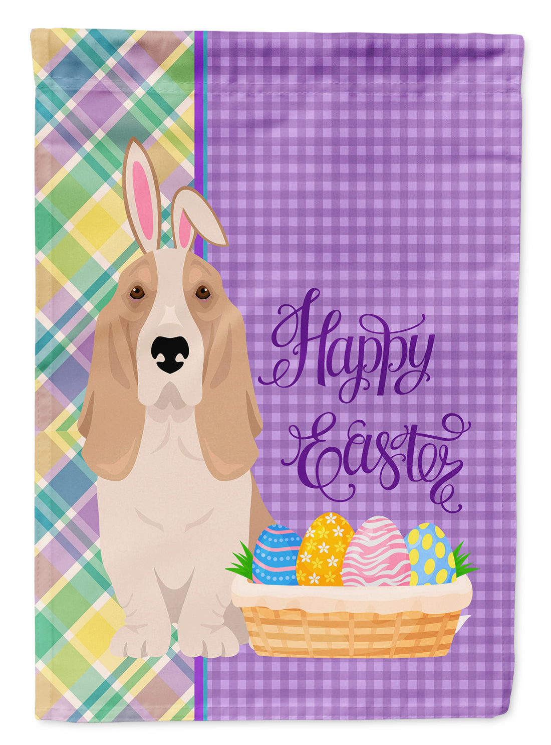 Lemon and White Tricolor Basset Hound Easter Flag Garden Size  the-store.com.