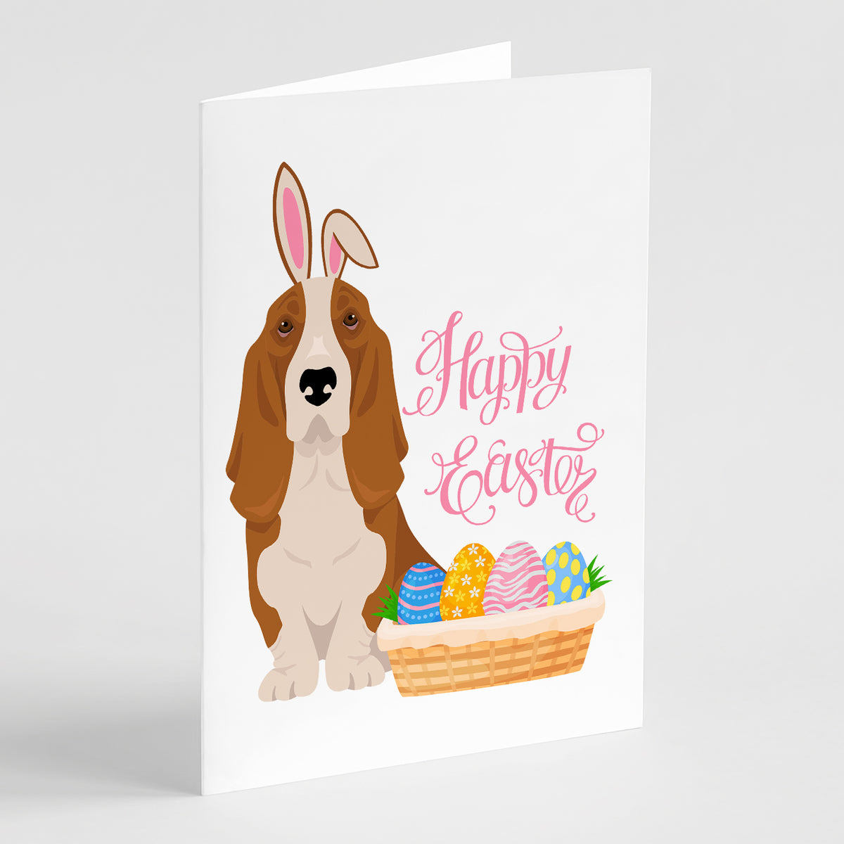 Buy this Red and White Tricolor Basset Hound Easter Greeting Cards and Envelopes Pack of 8