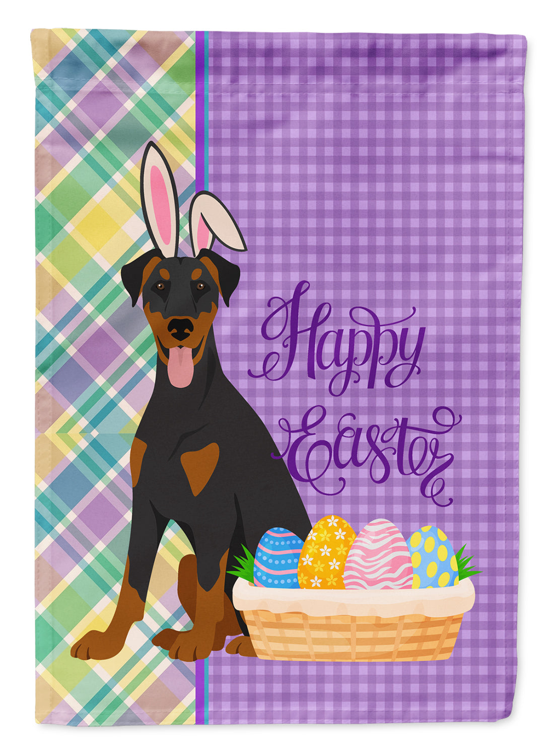 Natural Ear Black and Tan Doberman Pinscher Easter Flag Garden Size  the-store.com.