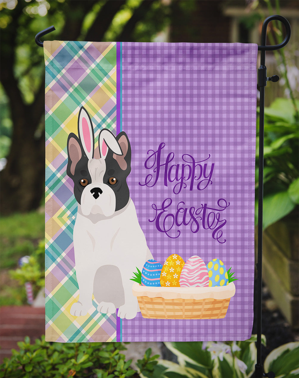 Black and White French Bulldog Easter Flag Garden Size  the-store.com.