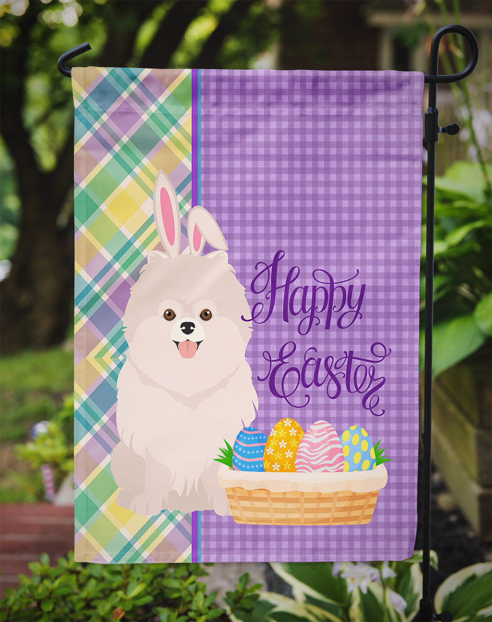 White Pomeranian Easter Flag Garden Size  the-store.com.