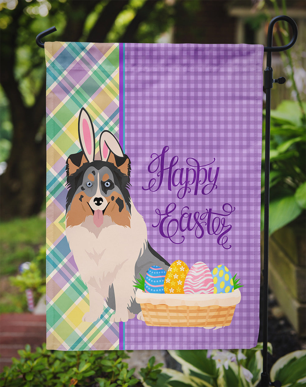 Blue Merle Sheltie Easter Flag Garden Size  the-store.com.