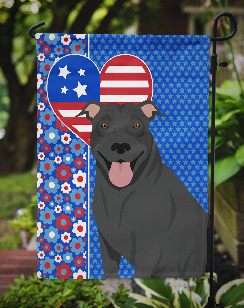 Black Pit Bull Terrier USA American Flag Garden Size  the-store.com.