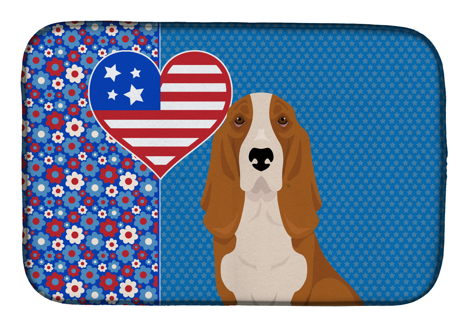 Red and White Tricolor Basset Hound USA American Dish Drying Mat  the-store.com.