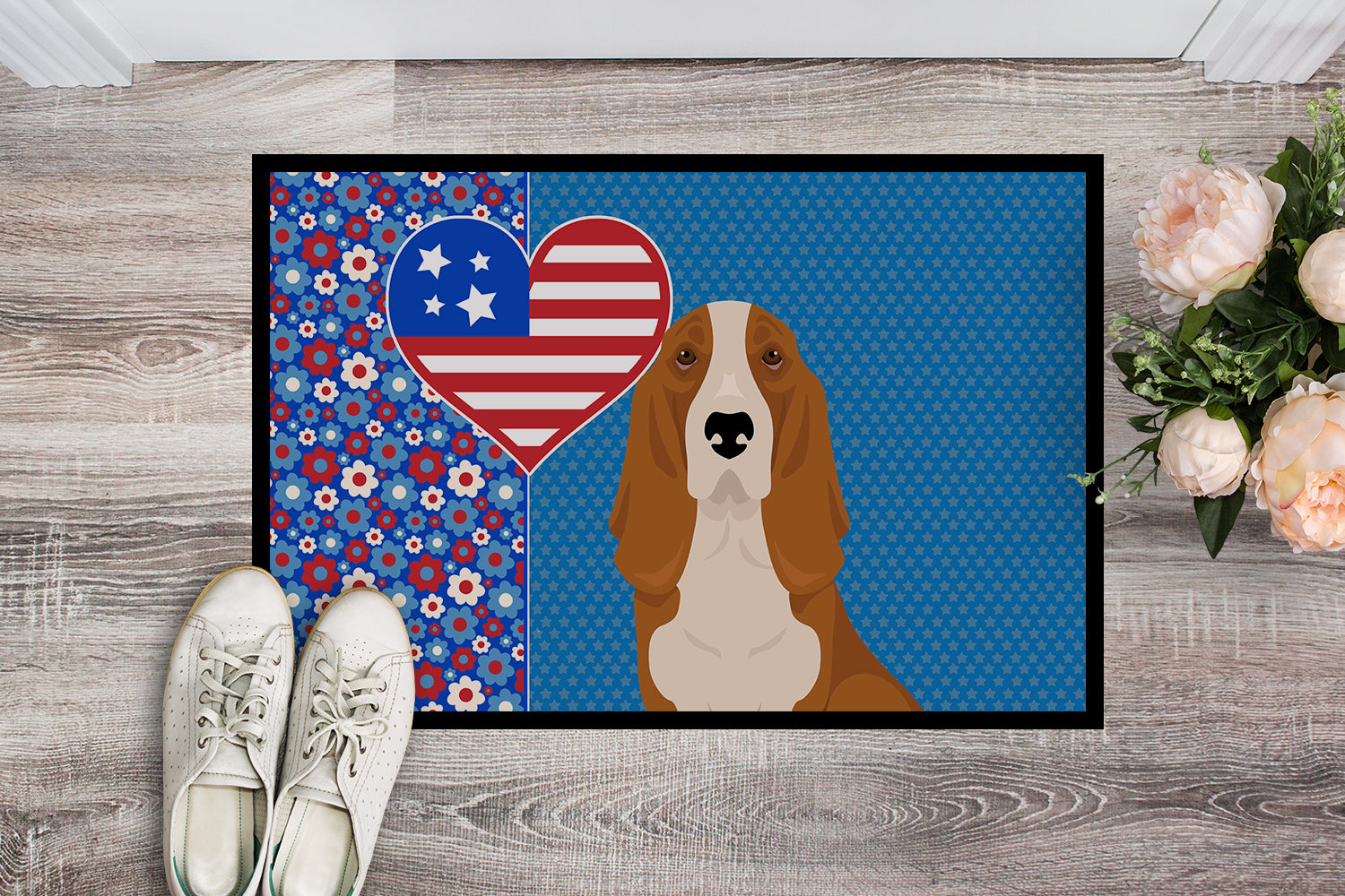 Buy this Red and White Tricolor Basset Hound USA American Indoor or Outdoor Mat 24x36