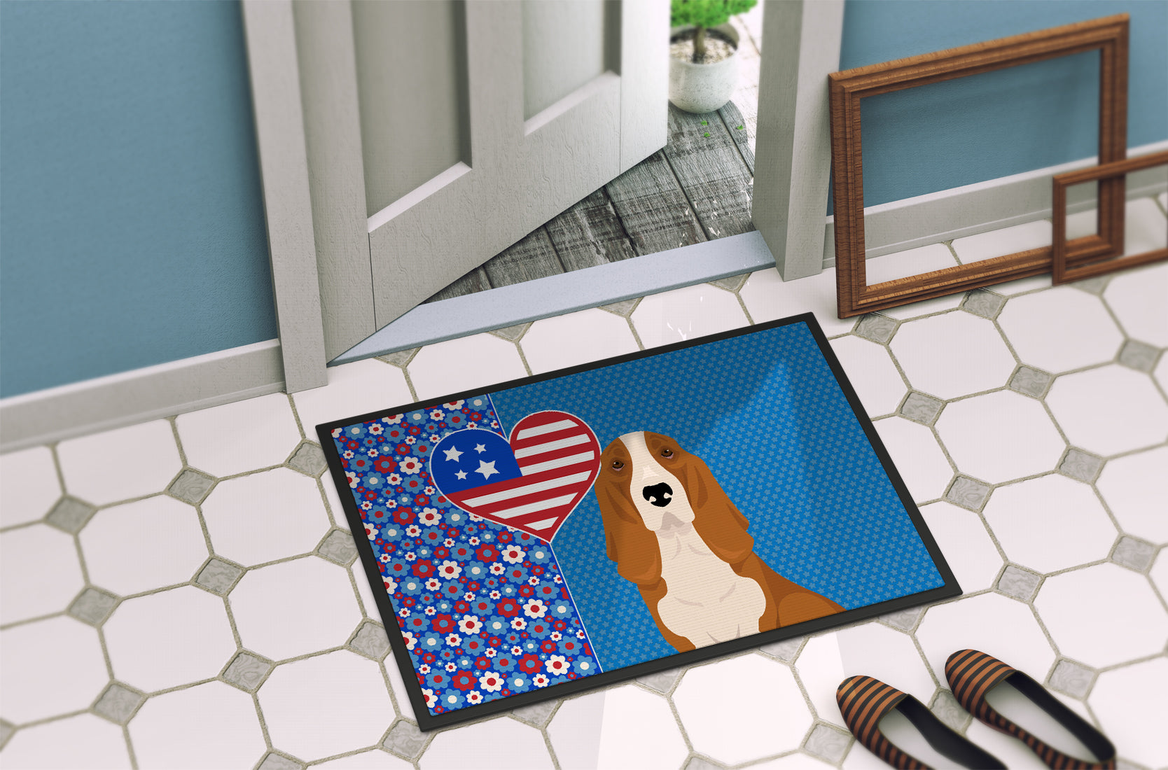 Red and White Tricolor Basset Hound USA American Indoor or Outdoor Mat 24x36 - the-store.com