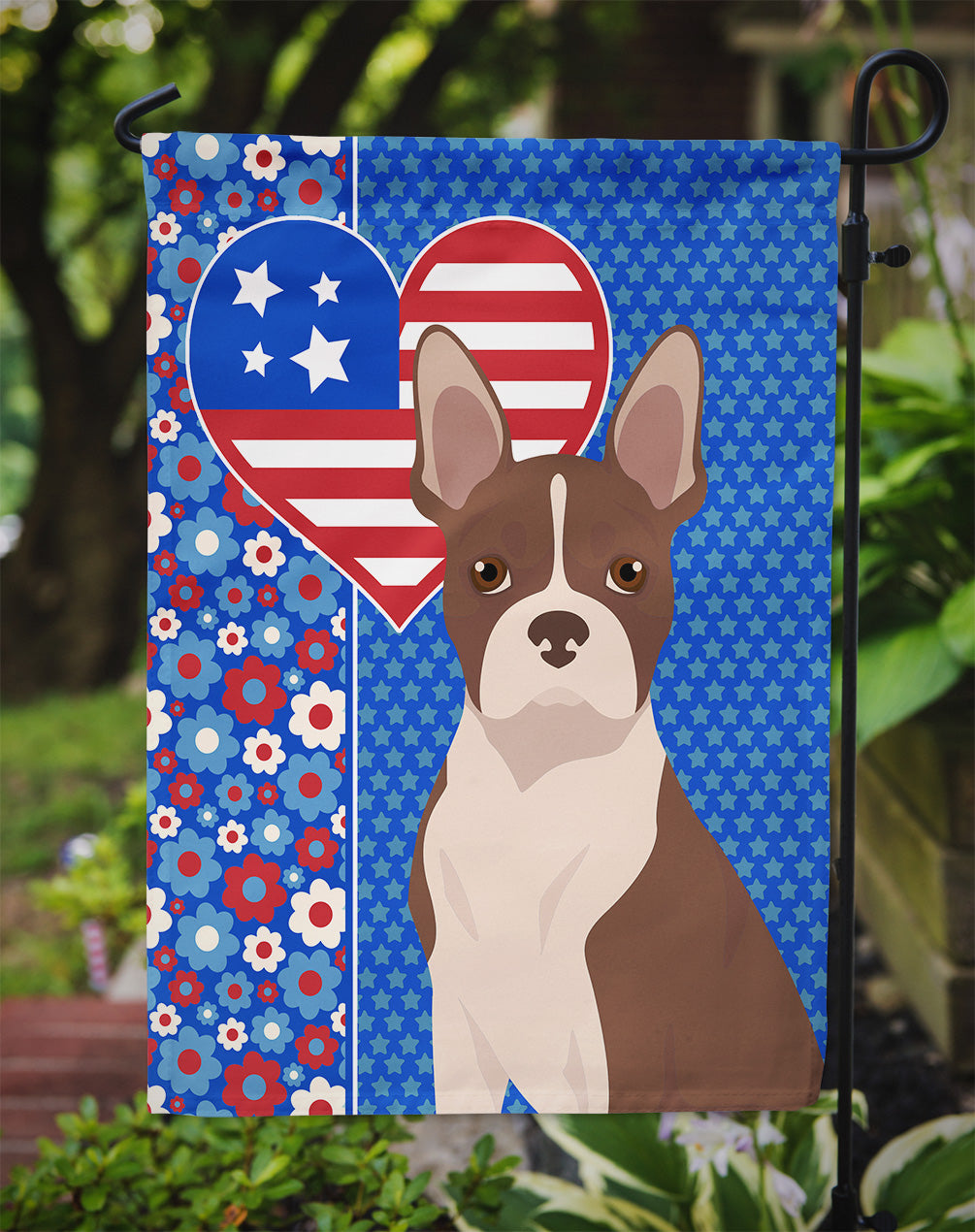Red Boston Terrier USA American Flag Garden Size  the-store.com.