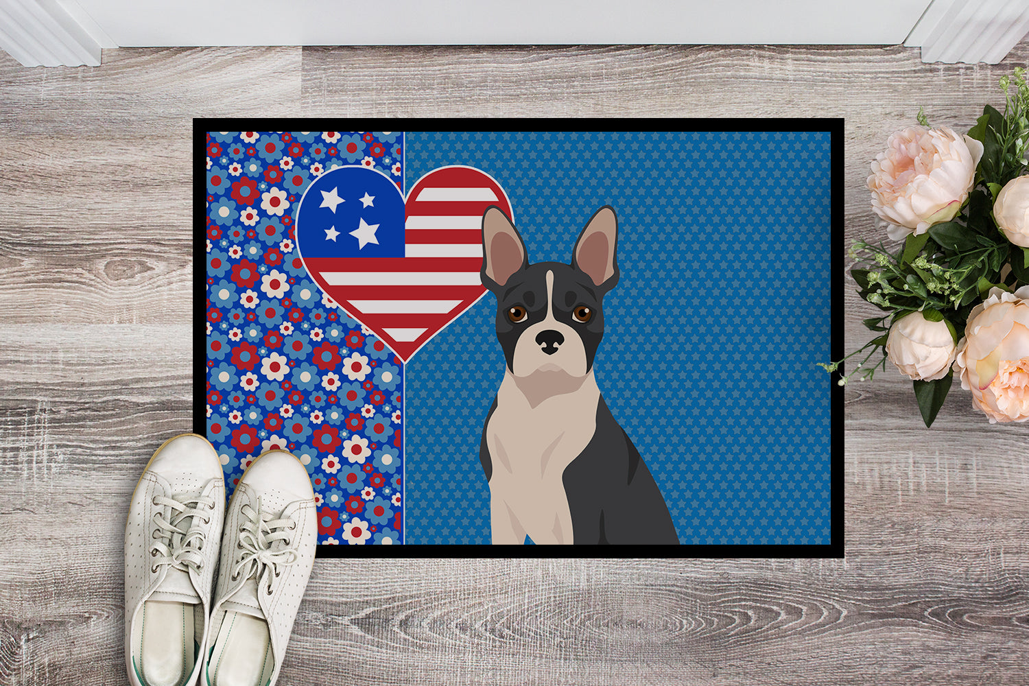 Buy this Black Boston Terrier USA American Indoor or Outdoor Mat 24x36