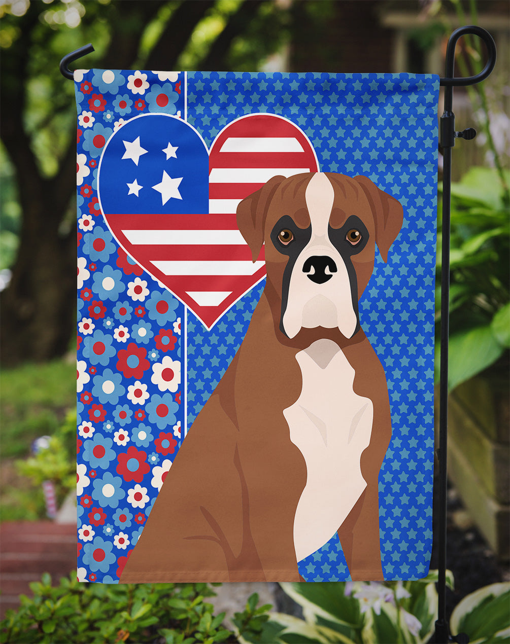 Natural Eared Red Fawn Boxer USA American Flag Garden Size  the-store.com.