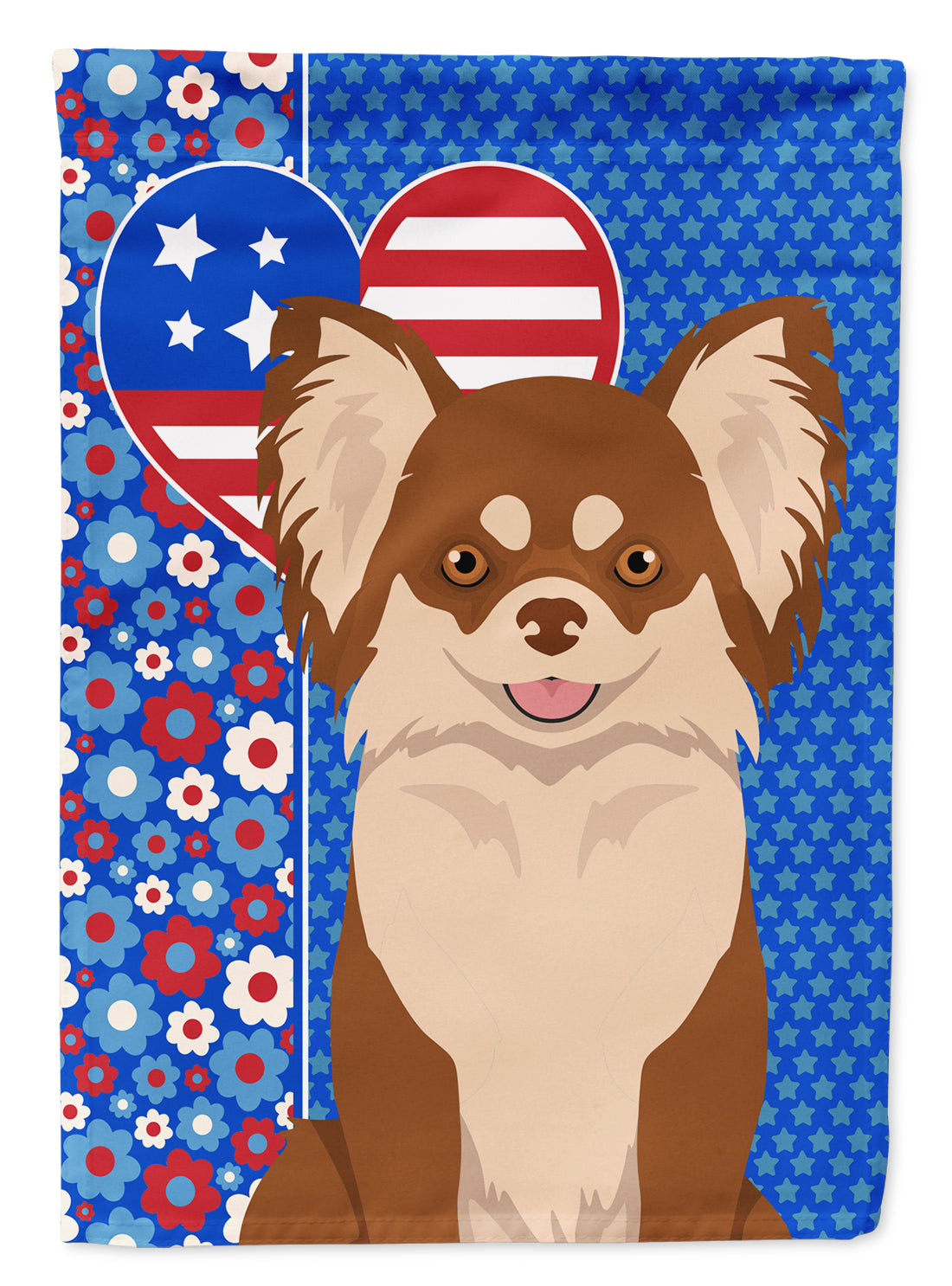 Longhaired Chocolate and White Chihuahua USA American Flag Garden Size  the-store.com.