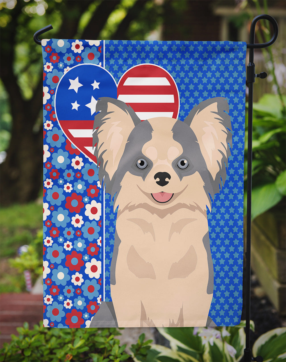 Longhaired Blue and White Chihuahua USA American Flag Garden Size  the-store.com.